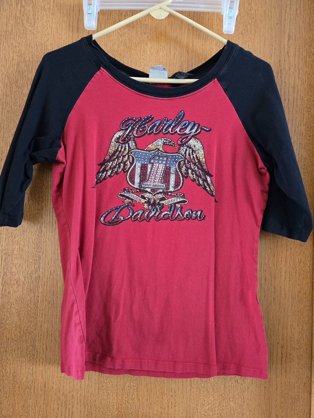 Harley-Davidson Red Raglan Tee with Black Sleeves and Winged Shield Graphic